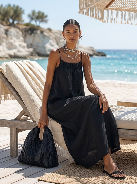 Women's Black Solid Ruffle Maxi Dress – House of Velari