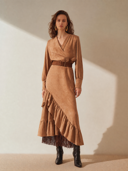 Women's Long Sleeve Belted Asymmetric Midi Dress – House of Velari