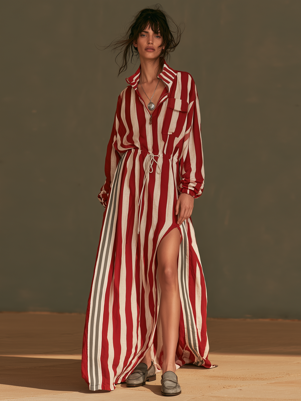 Women's Slit Drawstring Striped Maxi Dress – House of Velari