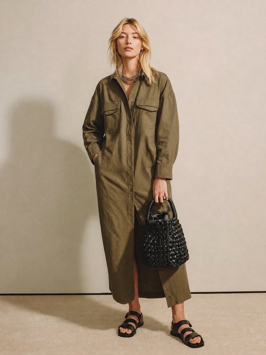 Women's Olive Linen Long Sleeve Shirt Dress – House of Velari