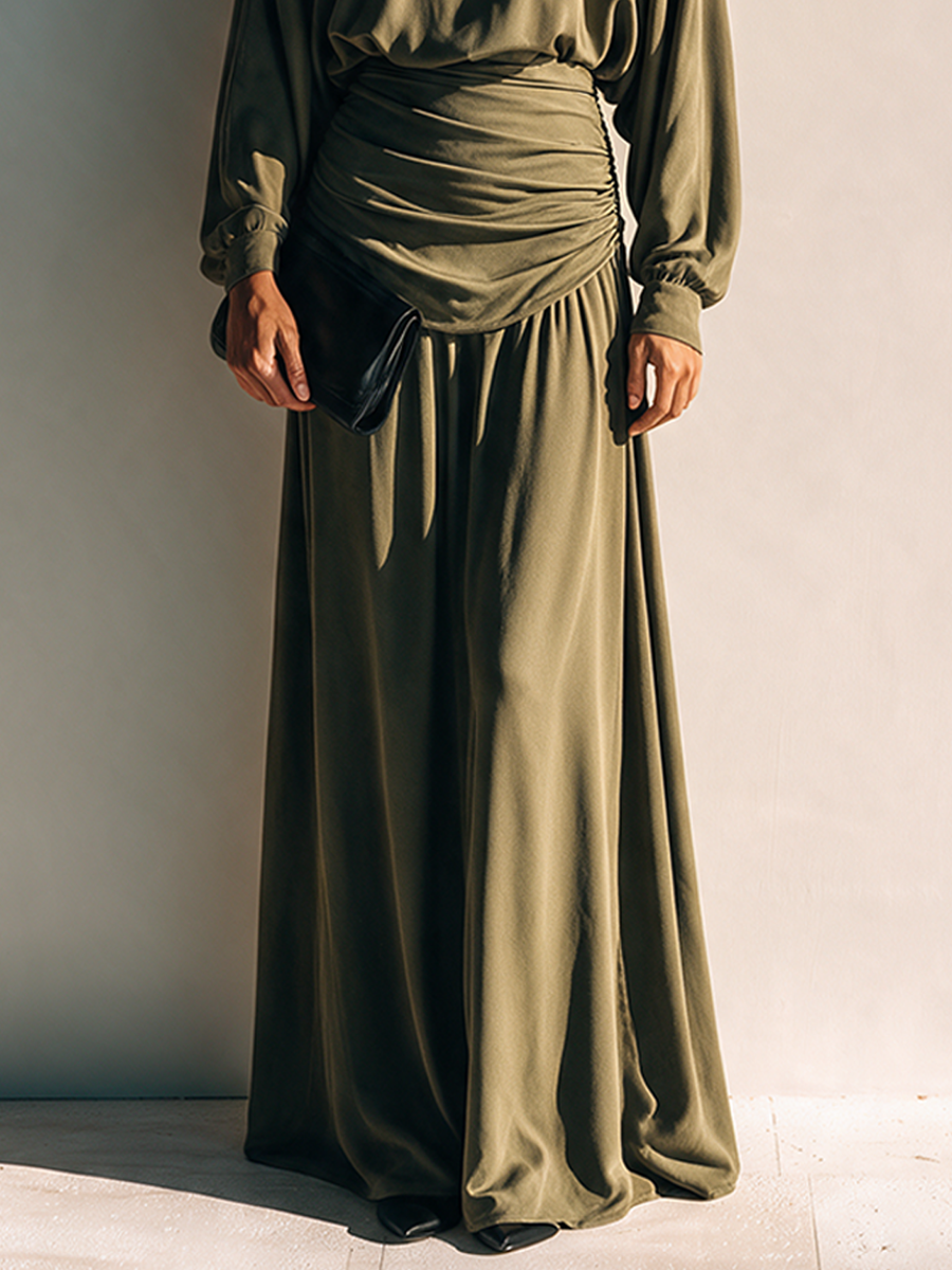 Women's Long-Sleeve Knitted Maxi Dress with Pleated Waist – House of Velari