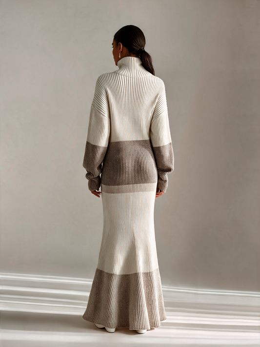 Women's Color Block Turtleneck Ribbed Knit Maxi Dress – House of Velari
