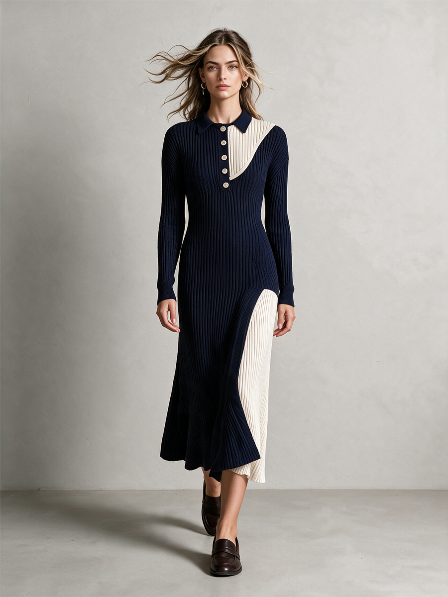 Women's Color Block Polo Collar Button Ribbed Knit Midi Dress – House of Velari