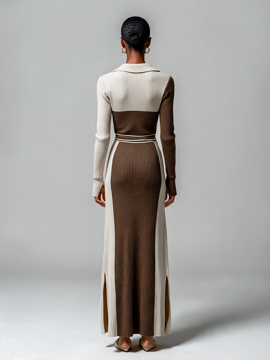 Women's Color Block Polo Collar Ribbed Knit Maxi Dress – House of Velari