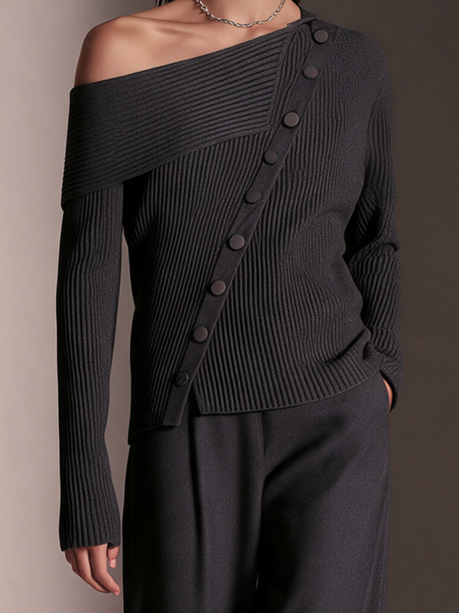 Women's Dark Gray Diagonal‑Button Off‑Shoulder Long‑Sleeve Knit Top – House of Velari