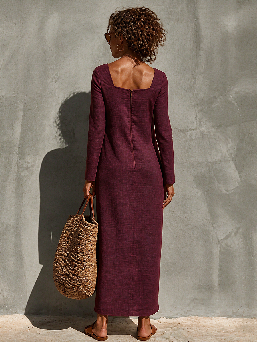 Women's Linen Square Neck Long Sleeve Dress – House of Velari