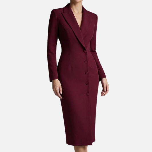 Women's Tailored Blazer Midi Dress – Single Button V-Neck Long Sleeve Work Dress – House of Velari