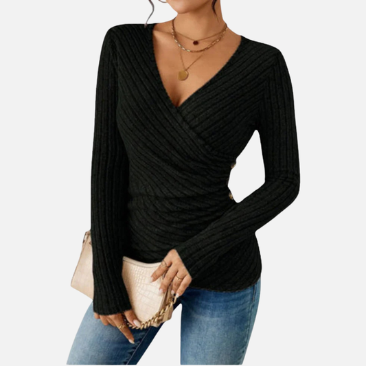 Women's Ribbed Wrap-Front Top – Long Sleeve V-Neck Blouse – House of Velari
