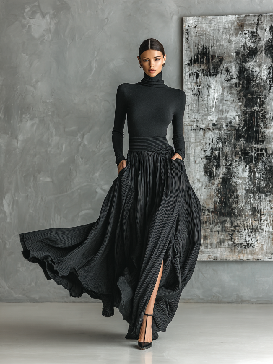 Women's Black Turtleneck Pleated Skirt Set – House of Velari