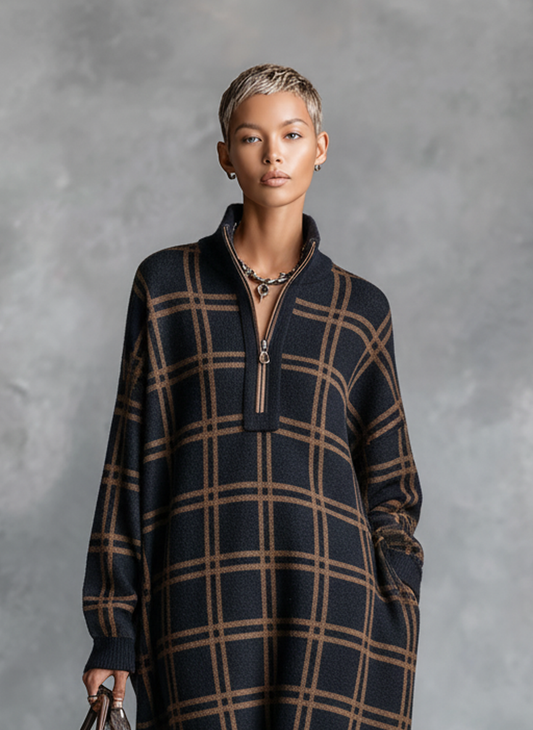 Women's Knit Zipper Plaid Maxi Dress – House of Velari