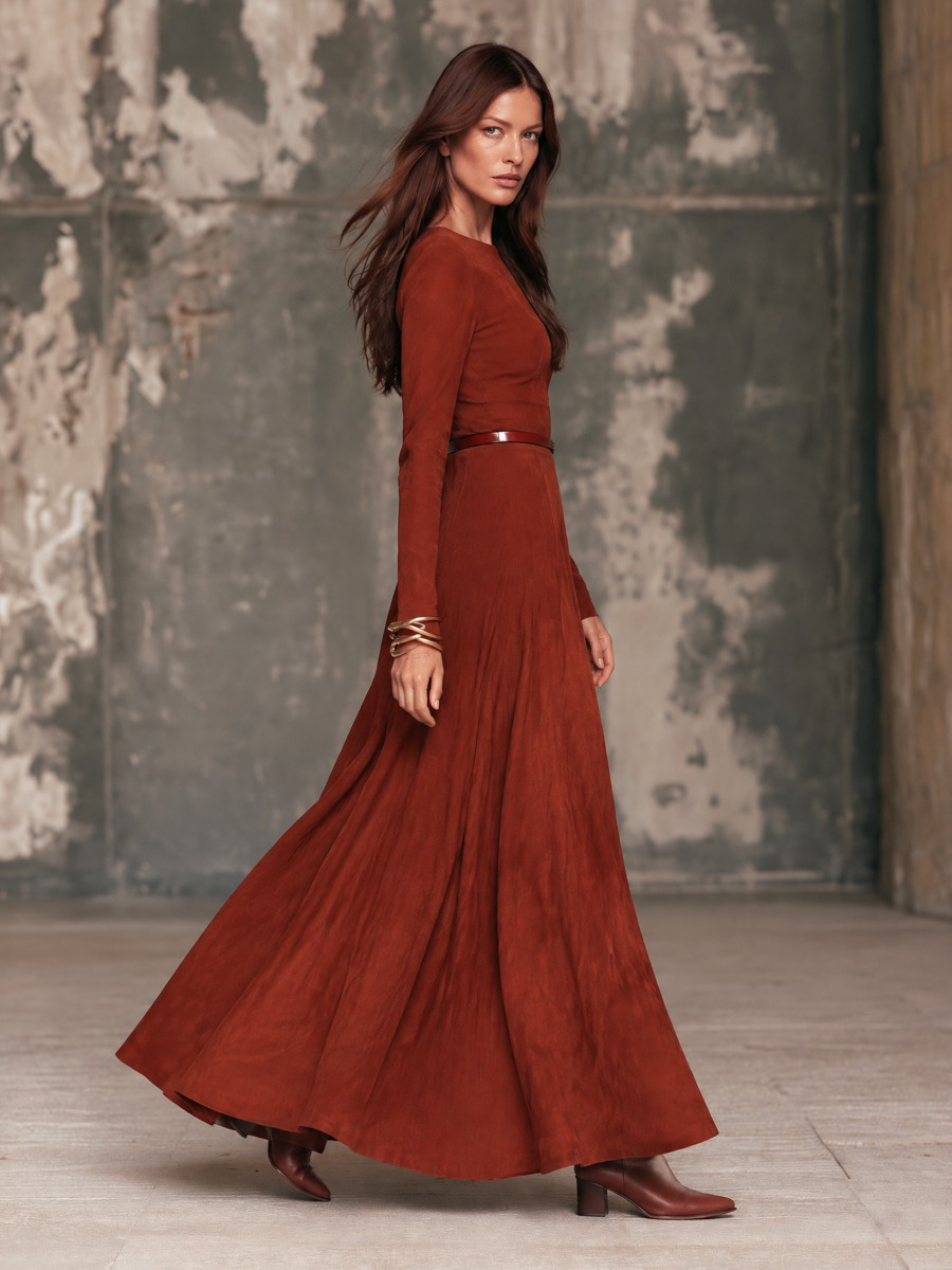 Women's Long-Sleeve Suede Maxi Dress with V-Neck – House of Velari