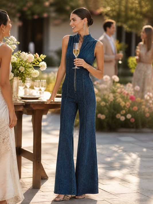 Women's Blue Denim High Neck Sleeveless Jumpsuit – House of Velari