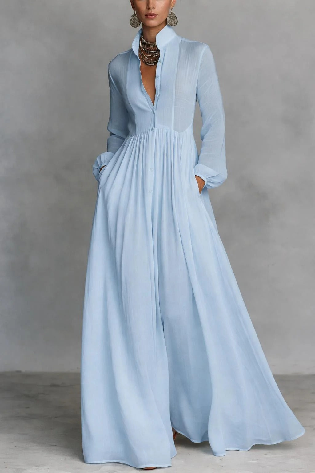 Women's Button-Front Maxi Dress Flowing Blue Outfit – House of Velari