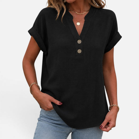 Button Detail V-Neck Short-Sleeve Blouse – House of Velari