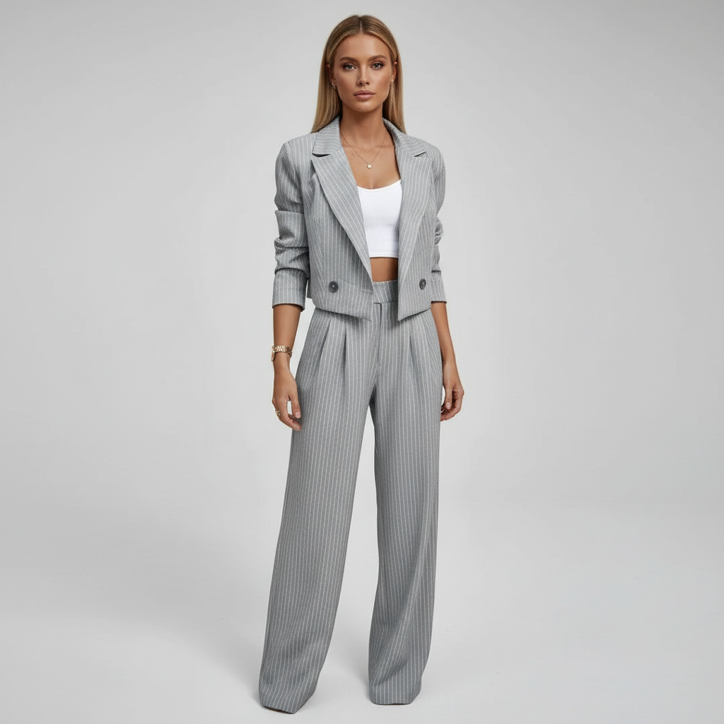 Women's Pinstripe Blazer Wide Leg Trouser Outfit – House of Velari