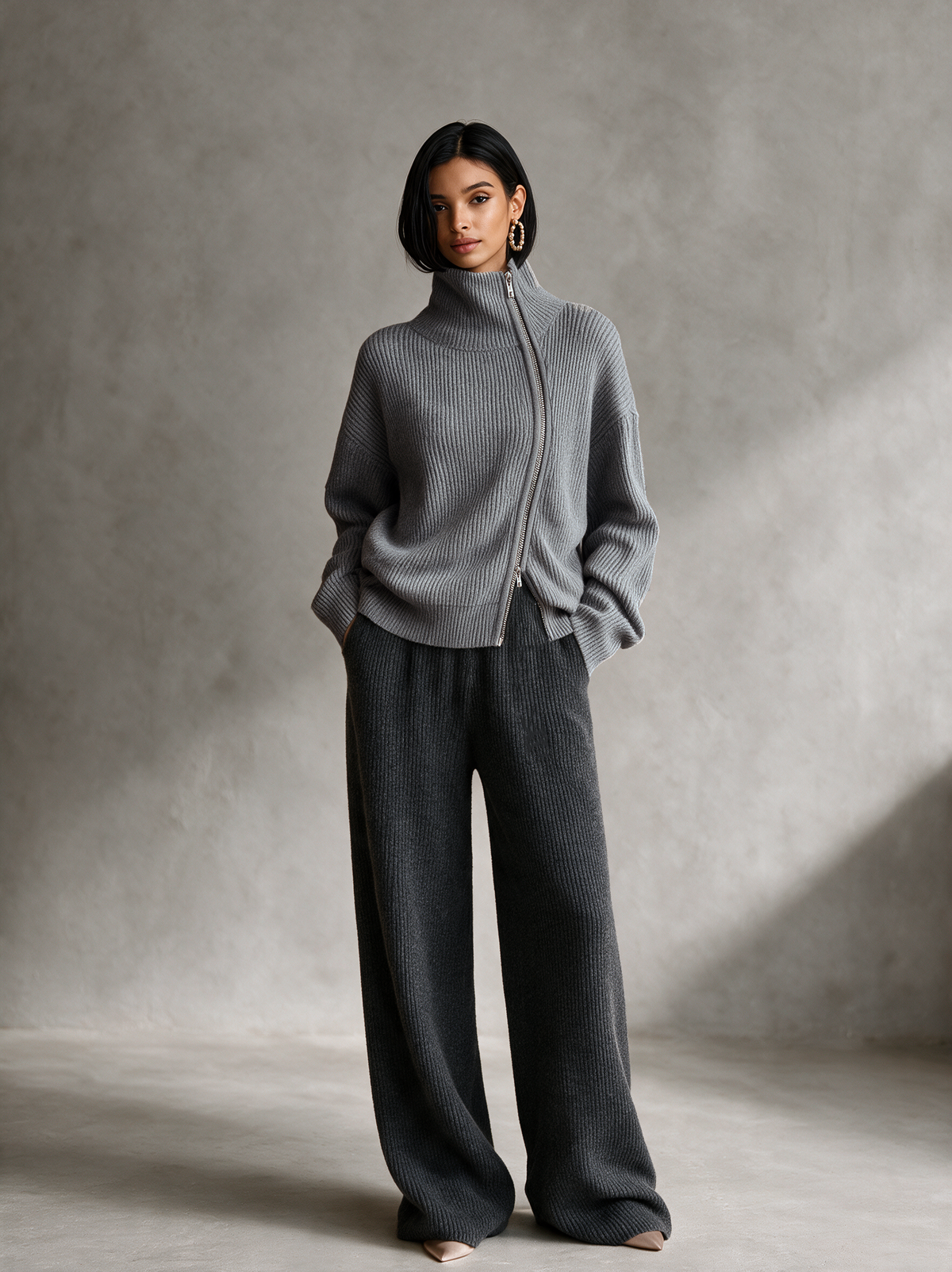Women's Gray Diagonal‑Zip Funnel Neck Knit Sweater – House of Velari