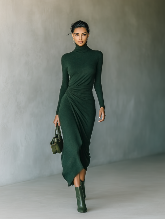Women's Green Knit High Neck Wrap Midi Dress – House of Velari