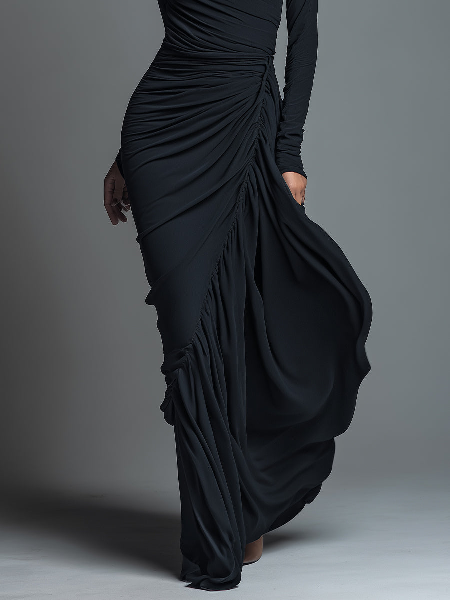 Women's Black Knit Ruched Maxi Dress – House of Velari