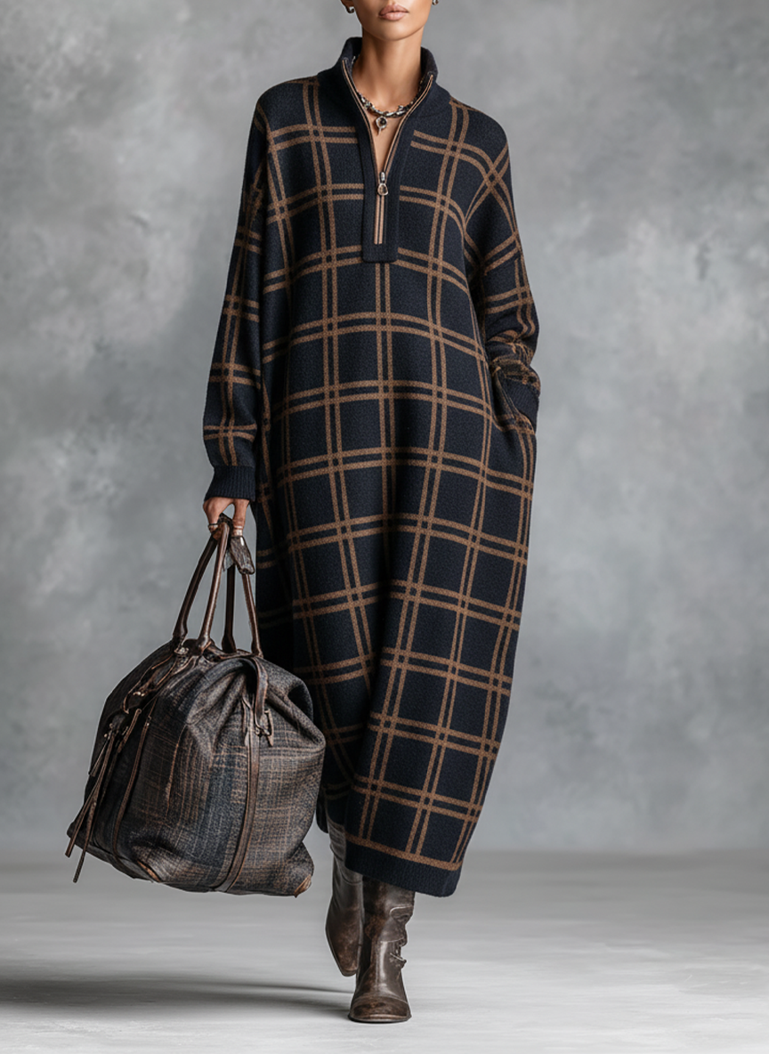 Women's Knit Zipper Plaid Maxi Dress – House of Velari