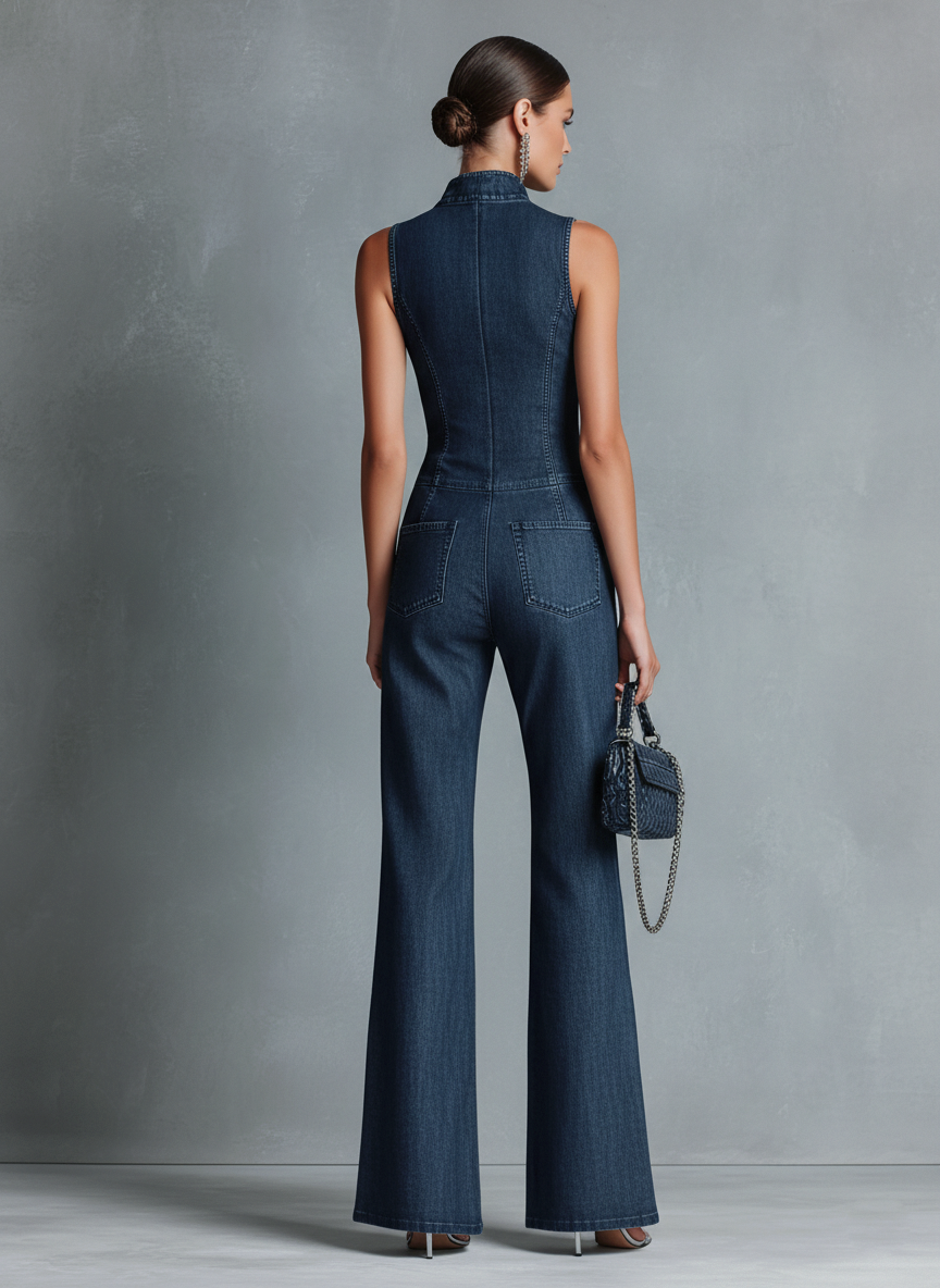 Women's Blue Denim High Neck Sleeveless Jumpsuit – House of Velari