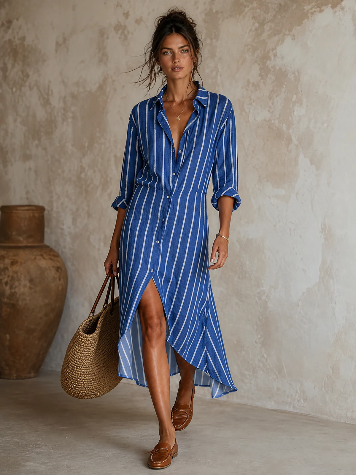Women's Long Sleeve Asymmetric Striped Midi Dress – House of Velari