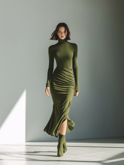 Women's Green Knit High Neck Pleated Maxi Dress – House of Velari