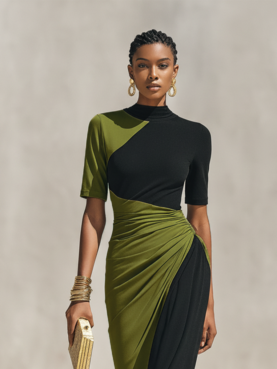 Women's Black Jersey High Neck Ruched Maxi Dress – House of Velari