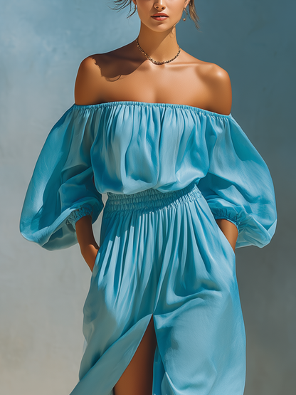 Women's Blue Puff Sleeve Slit Maxi Dress – House of Velari