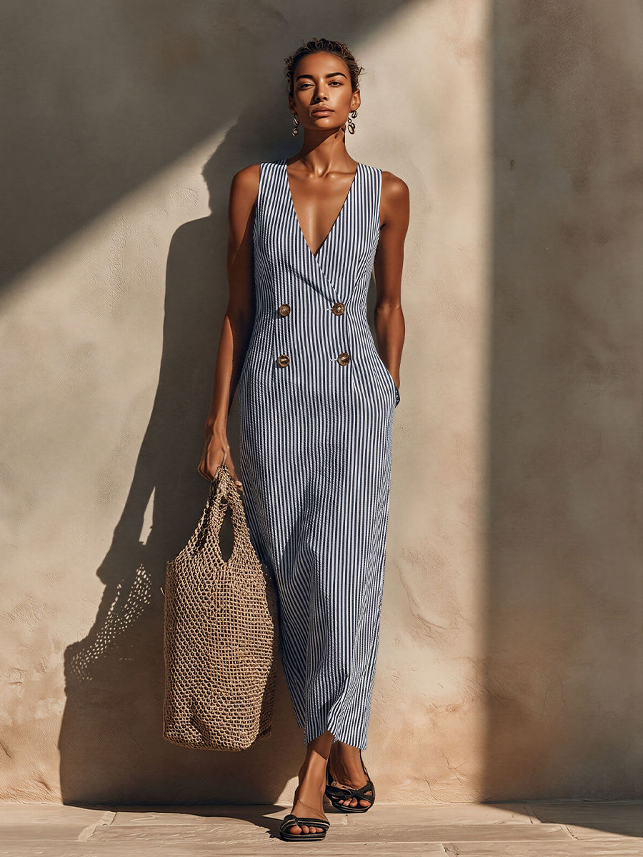 Women's White Cotton Striped Maxi Dress – House of Velari