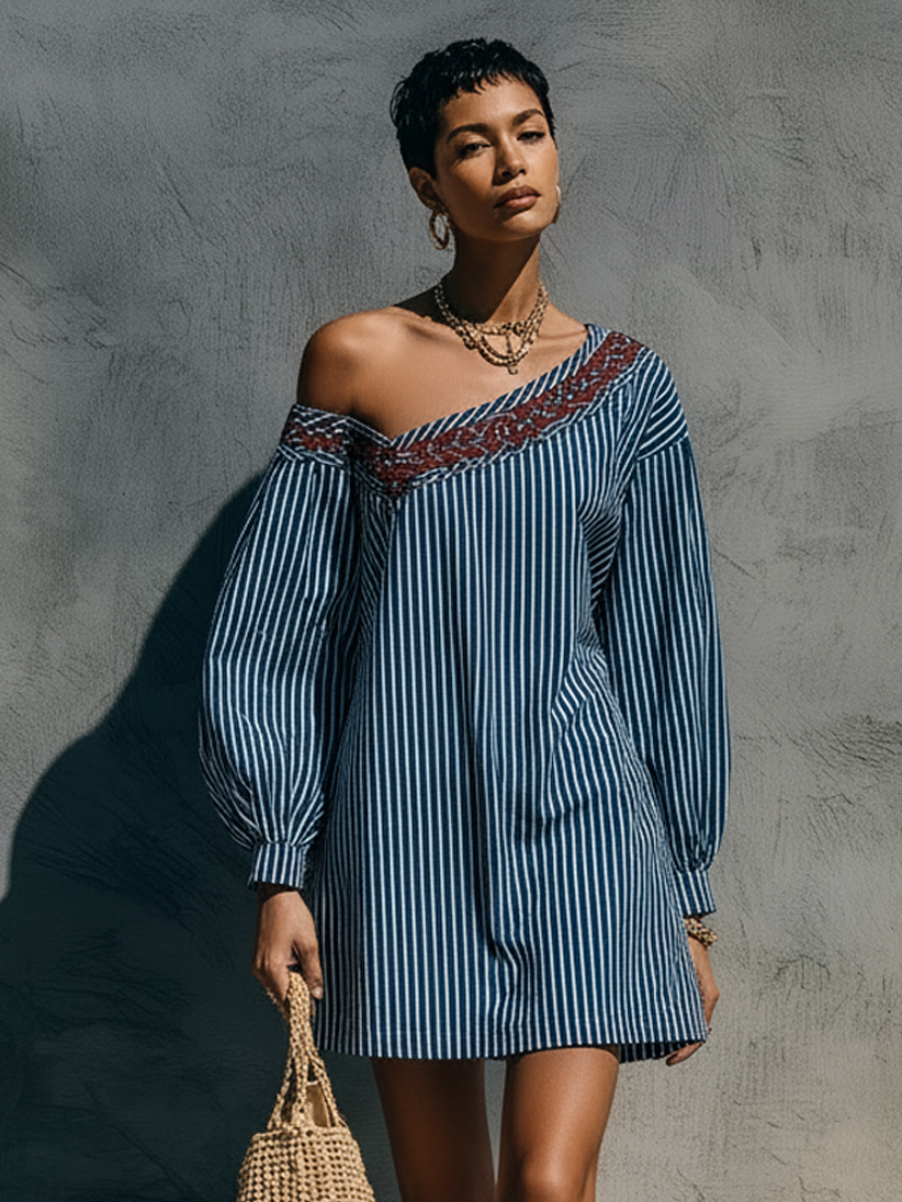 Women's Long Sleeve Embroidered Striped Mini Dress – House of Velari