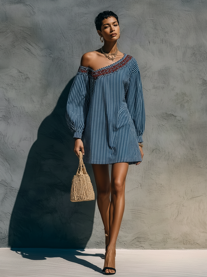 Women's Long Sleeve Embroidered Striped Mini Dress – House of Velari