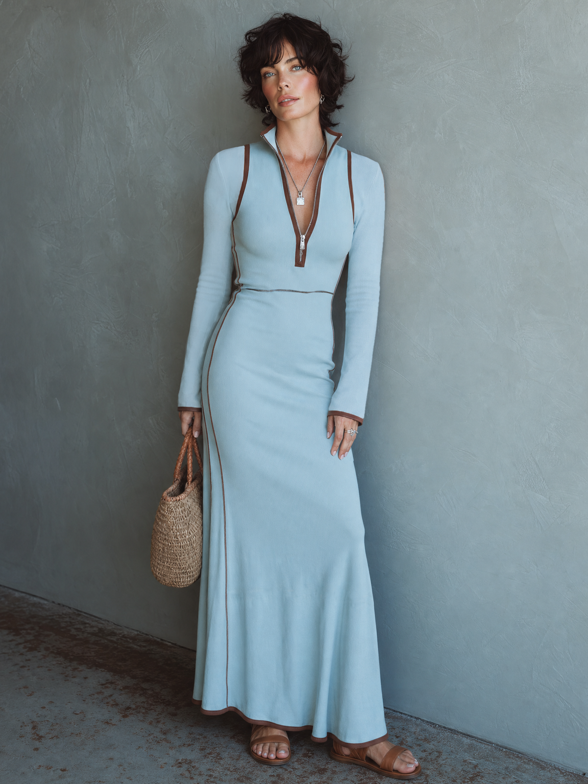 Women's Light Blue Knit Long Sleeve Maxi Dress – House of Velari