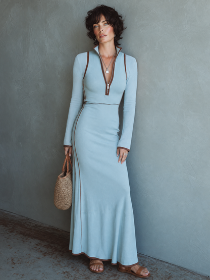 Women's Light Blue Knit Long Sleeve Maxi Dress – House of Velari