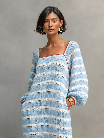Women's Square Neck Long Sleeve Striped Sweater Dress – House of Velari