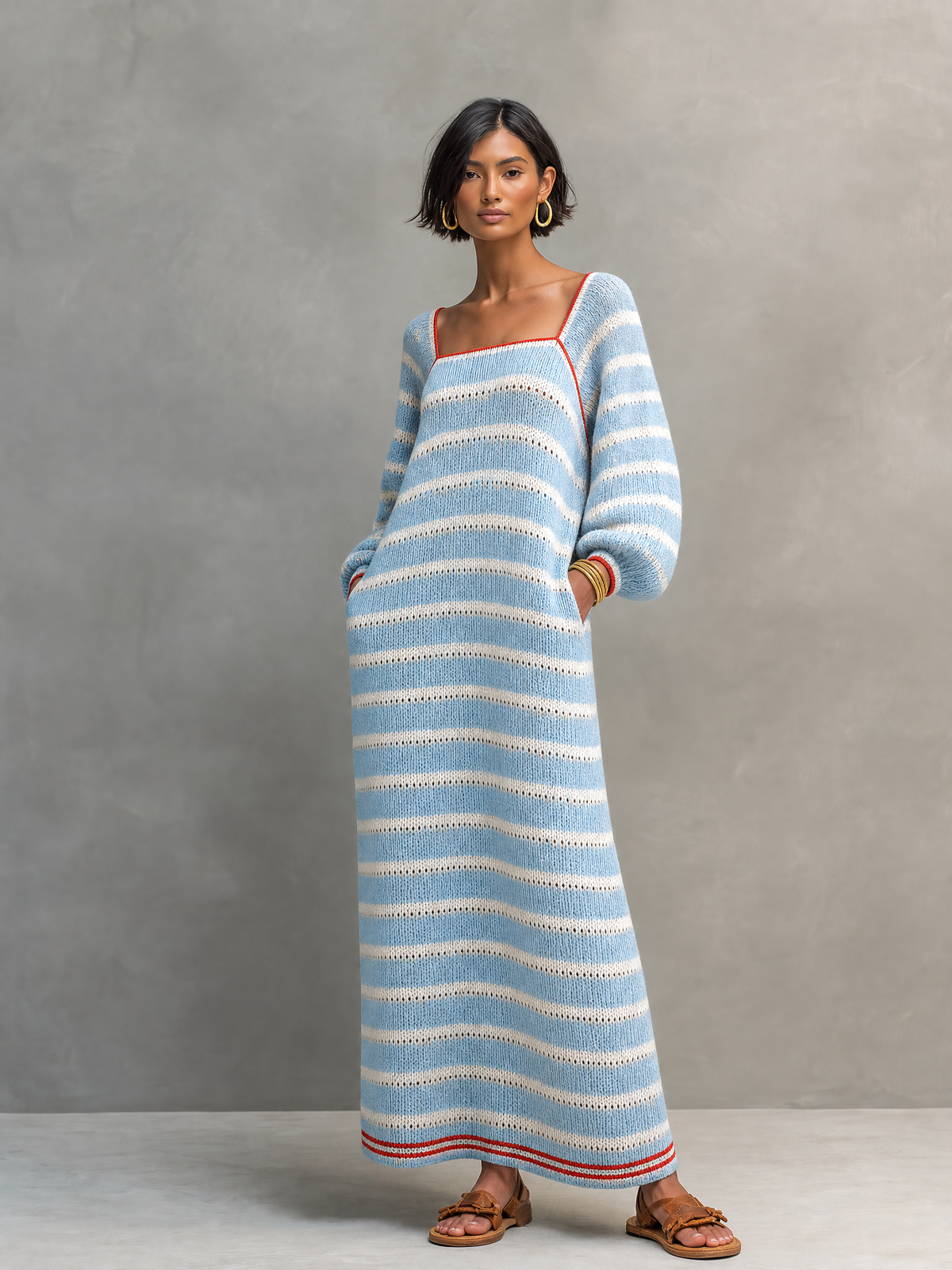 Women's Square Neck Long Sleeve Striped Sweater Dress – House of Velari