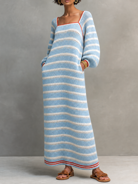 Women's Square Neck Long Sleeve Striped Sweater Dress – House of Velari