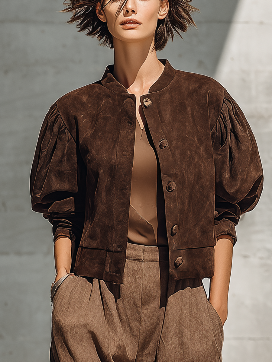 Women's Brown Puff Sleeve Stand Collar Jacket – House of Velari