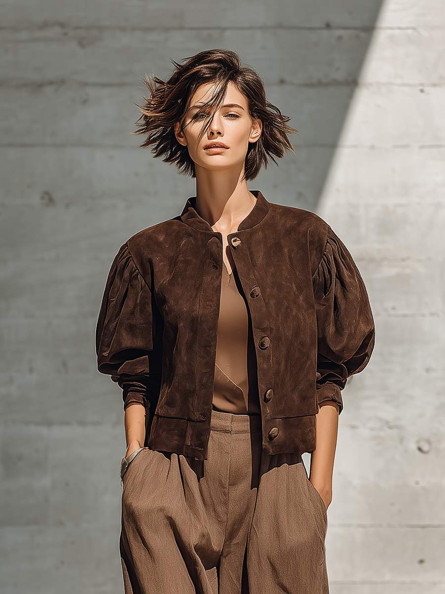 Women's Brown Puff Sleeve Stand Collar Jacket – House of Velari