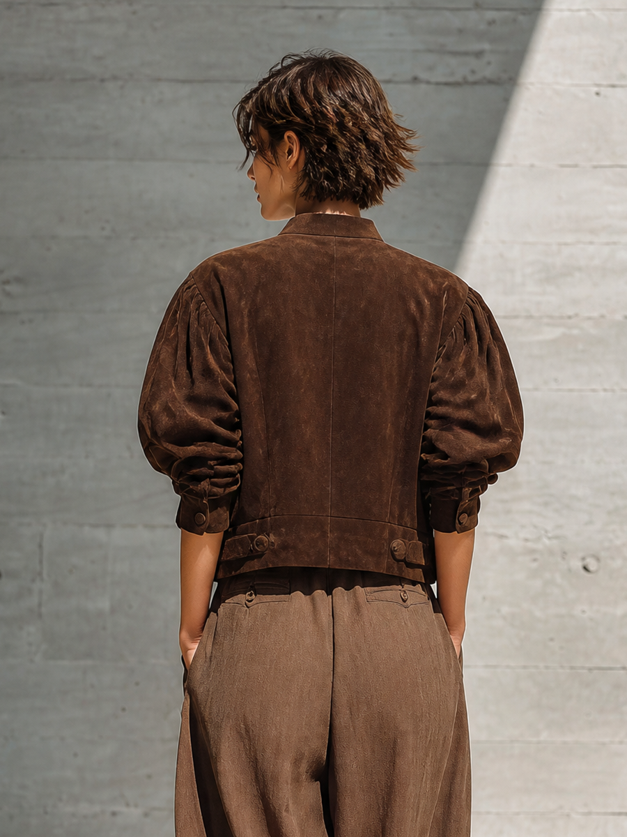 Women's Brown Puff Sleeve Stand Collar Jacket – House of Velari