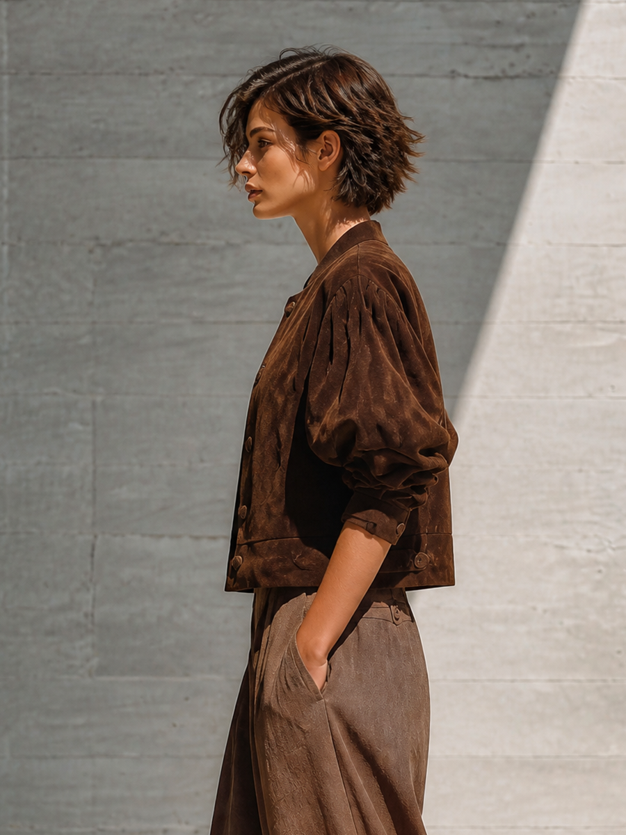 Women's Brown Puff Sleeve Stand Collar Jacket – House of Velari