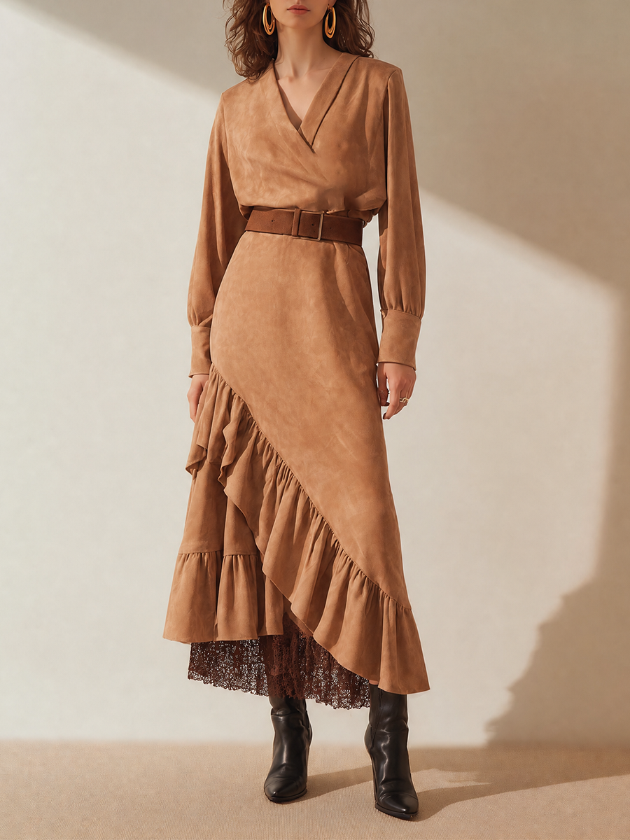 Women's Long Sleeve Belted Asymmetric Midi Dress – House of Velari