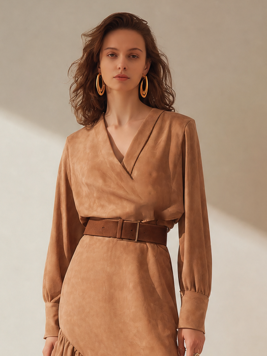 Women's Long Sleeve Belted Asymmetric Midi Dress – House of Velari