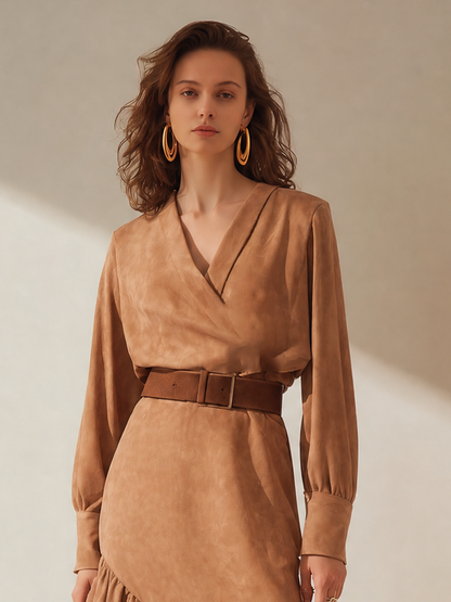 Women's Long Sleeve Belted Asymmetric Midi Dress – House of Velari