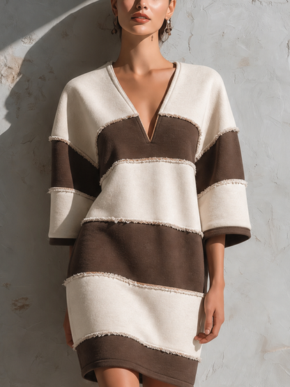 Women's V-Neck Color Block Striped Sweatshirt Dress with Raw Edge Trim – House of Velari