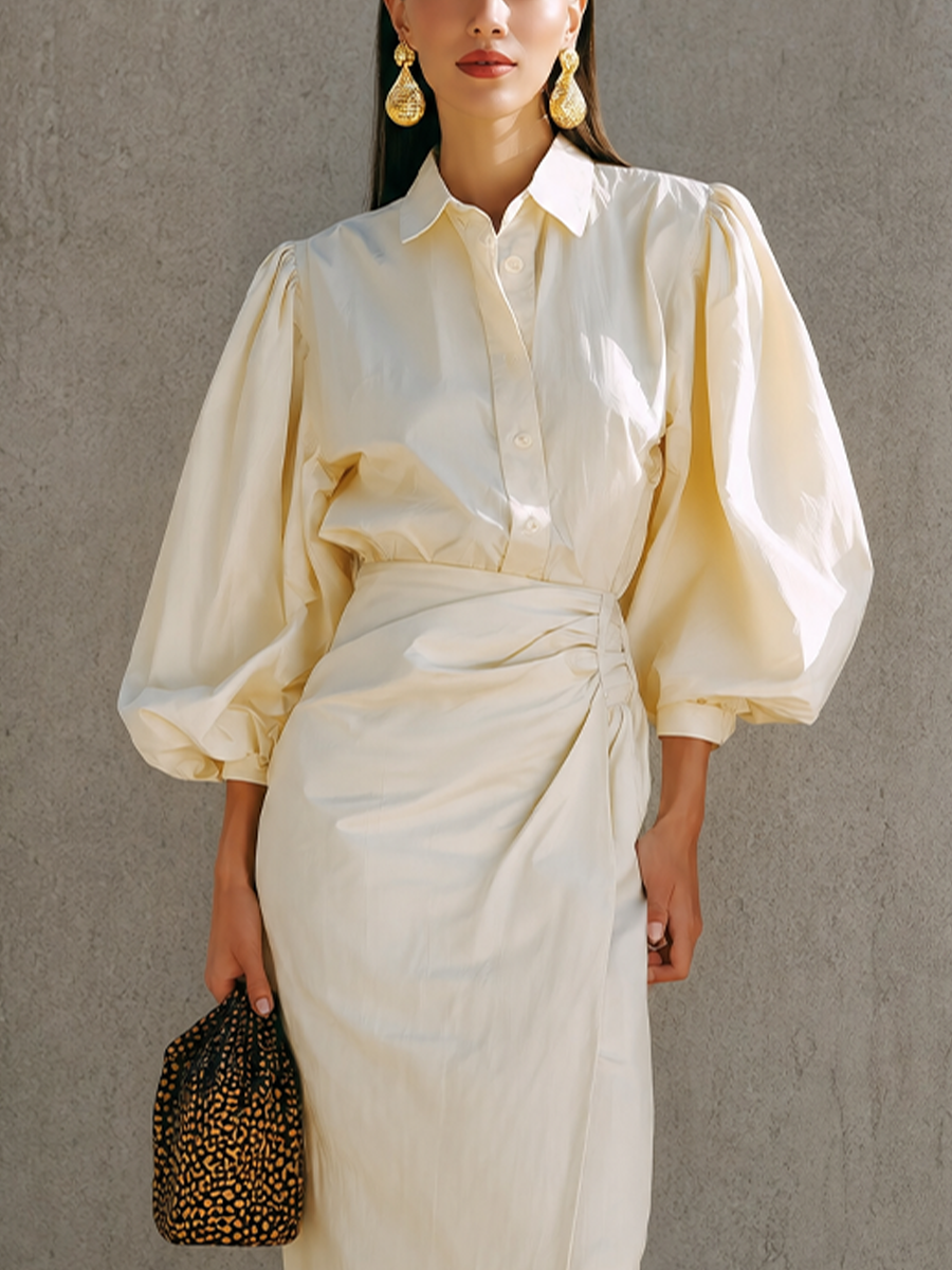 Women's Beige Puff Sleeve Ruched Shirt Dress – House of Velari