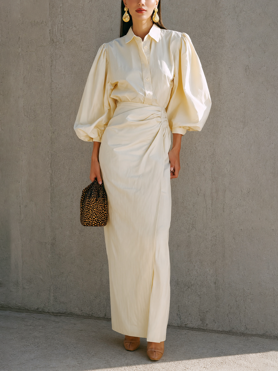 Women's Beige Puff Sleeve Ruched Shirt Dress – House of Velari