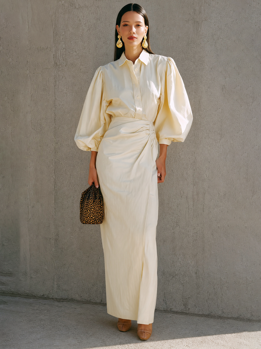 Women's Beige Puff Sleeve Ruched Shirt Dress – House of Velari