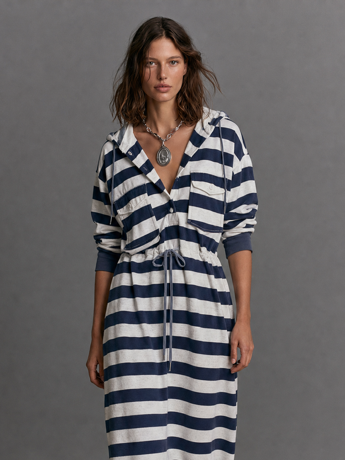 Women's Hooded Drawstring Striped Midi Dress – House of Velari