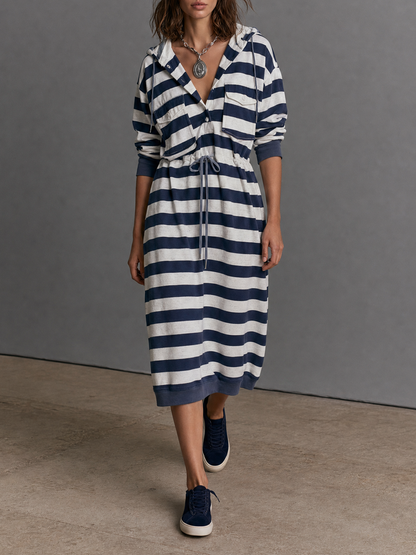 Women's Hooded Drawstring Striped Midi Dress – House of Velari