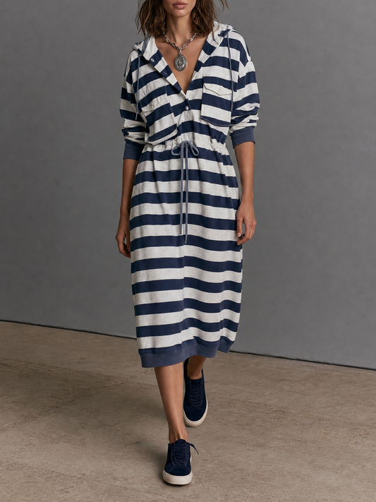 Women's Hooded Drawstring Striped Midi Dress – House of Velari